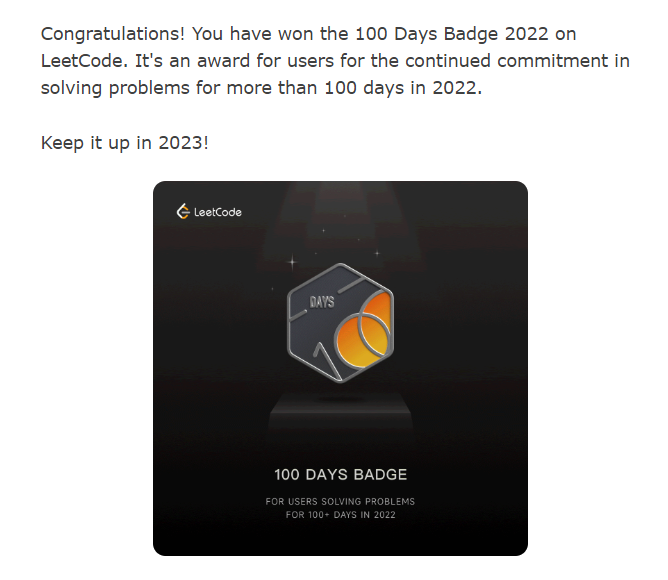 fykawise's tweet photo. I'm happy to share that I received my first Leetcode 100+ Days Coding Badge in recognition of the continued commitment in coding for more than 100 days in 2022.
Less than 3% of LeetCoders got the badge!
#LeetCode2022 #LeetCode https://t.co/K1GZ6H5KlV https://t.co/eQLl4fz0J3