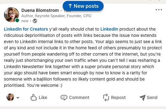 DuenaBlomstrom's tweet photo. Tsk @LinkedIn  is really aggravating me today with their ban on links even when they're internal! Here's the saga that this post on #thisisburnout inspired by @chrysalis_ltd about #humandebt #Burnout #waysofwork #hr #leadership brought about when I realised it wasn't showing https://t.co/qDRkKjAQNw