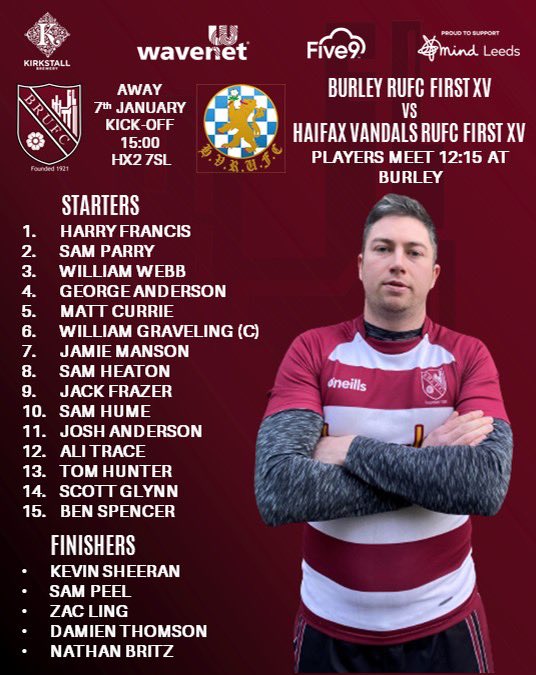 #matchannouncement and #teamsheet 📢🚨 This weekend the Burley RUFC First XV travel away to play <a href="/HVRUFC/">Halifax Vandals RUFC</a> - Halifax Vandals RUFC First XV in our first match of 2023 🏉🏉🏉

#rugby #rugbyunion #rugbygram #rugbytok #rugbyzone #rugbyclub #rugbyteam #rugbyplayers #leedsrugby #leeds
