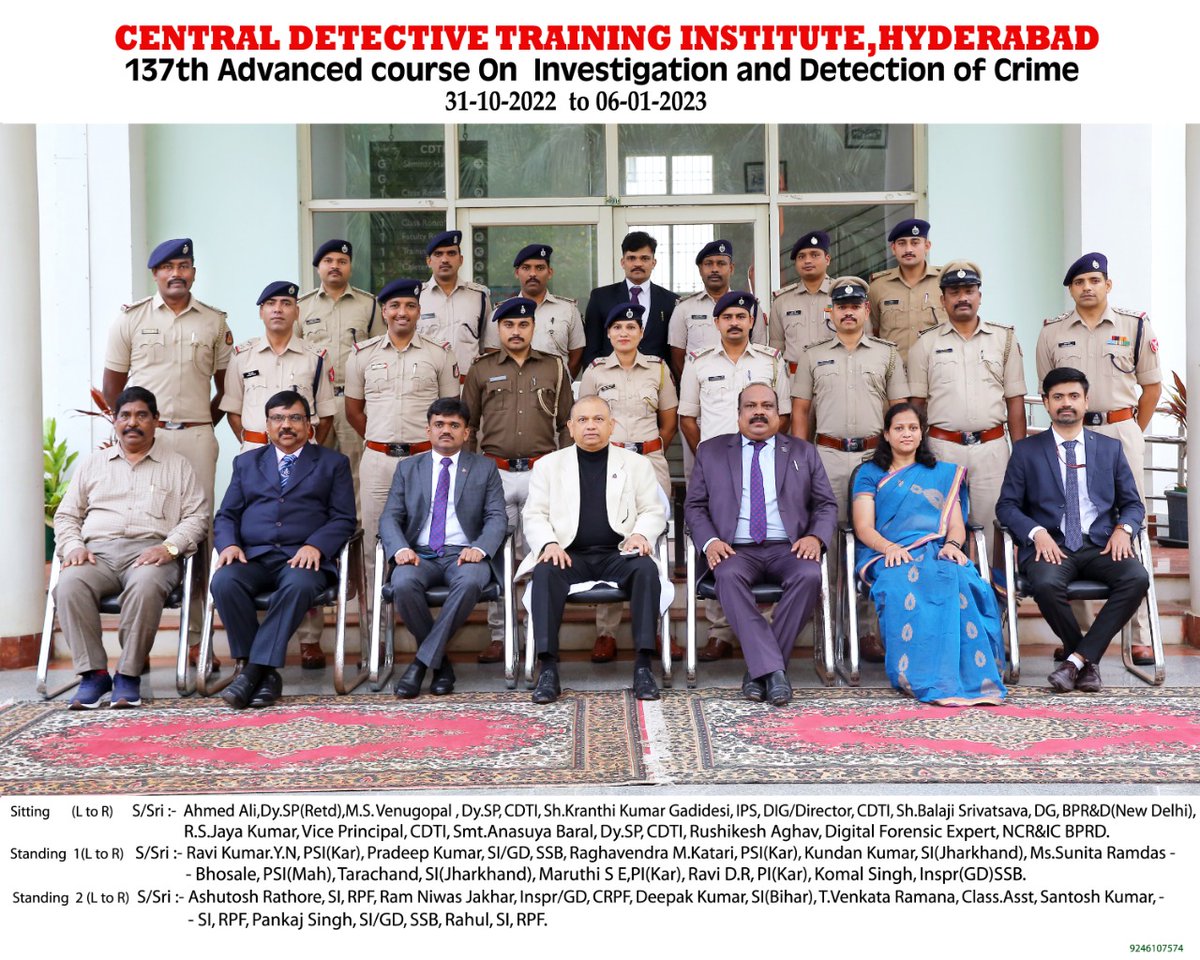 Conducted 137th Advanced Course on "Investigation and Detection of Crime" at CDTI, Hyderabad from 31-10-2022 to 06-01-2023 (10 weeks).  15 Police Officers from various States/UTs/CPMFs have attended.  Top 5 officers are awarded with Investigation Tool kits.