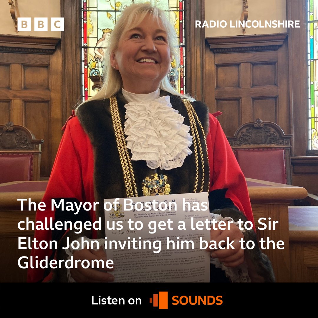 Can we help the Mayor of Boston get Sir Elton John back to the <a href="/TheGliderdrome/">The Gliderdrome</a> in the 50th anniversary year of his concert there?
She's challenged our <a href="/scottydalton/">🎙️Scott Dalton</a> to get a letter to the singer inviting him back to the famous venue.
📻Hear more👉bbc.in/3jLXRui