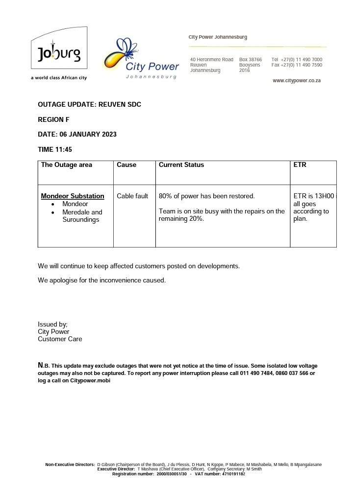 CityPowerJhb's tweet photo. Region F #Reuven
#MondeorSub: 80% of power has been restored. ^NT https://t.co/GqeOUHVHtj
