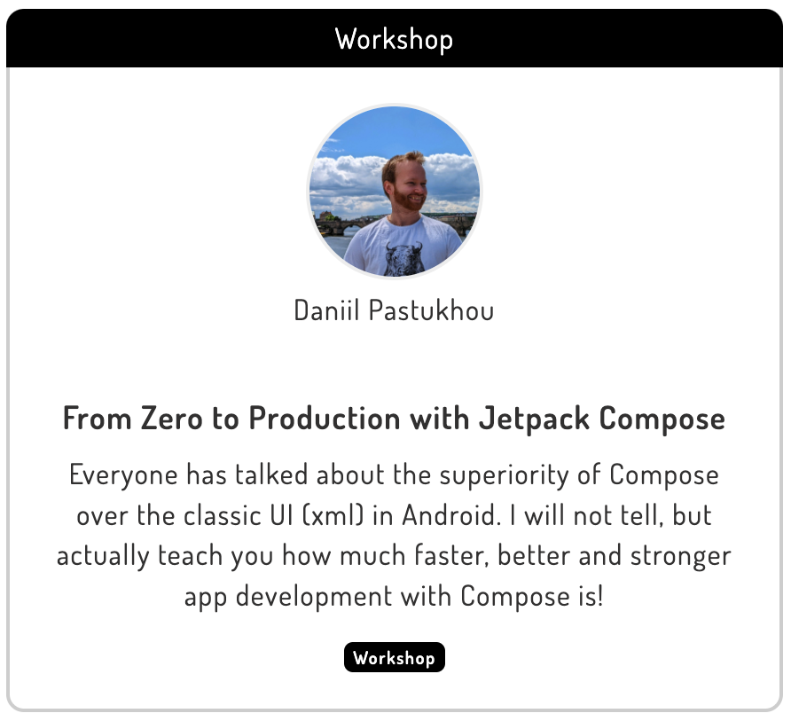 AppriseConf's tweet photo. Another day, another workshop! 🎉

We are happy to announce our Jetpack Compose full day workshop with Android expert Daniil Pastukhou! 🌟

He will teach you why Compose is the thing to do right now, and what the hype is all about. 🤩 🤖 https://t.co/bQnHYYh73X