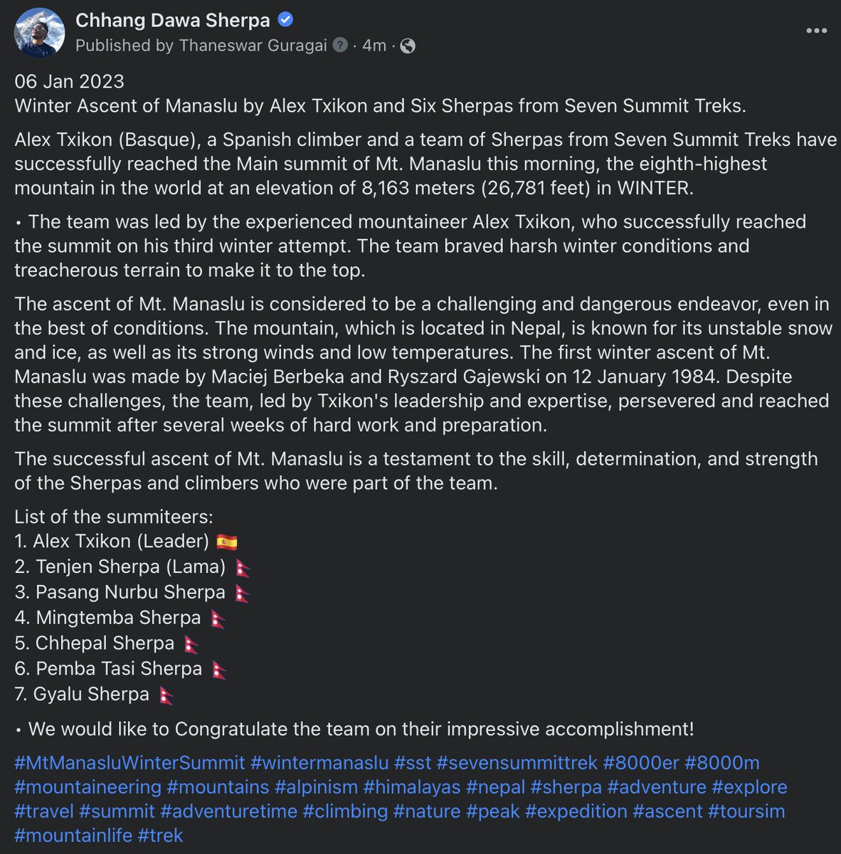 Alex Txikon (Basque), a Spanish climber, and a team of Sherpas from Seven Summit Treks have successfully reached the main summit of Mt. Manaslu this morning, the eighth-highest mountain in the world at an elevation of 8,163 meters (26,781 feet) in WINTER.
Exped: <a href="/sst8848/">Seven Summit Treks 🇳🇵</a>