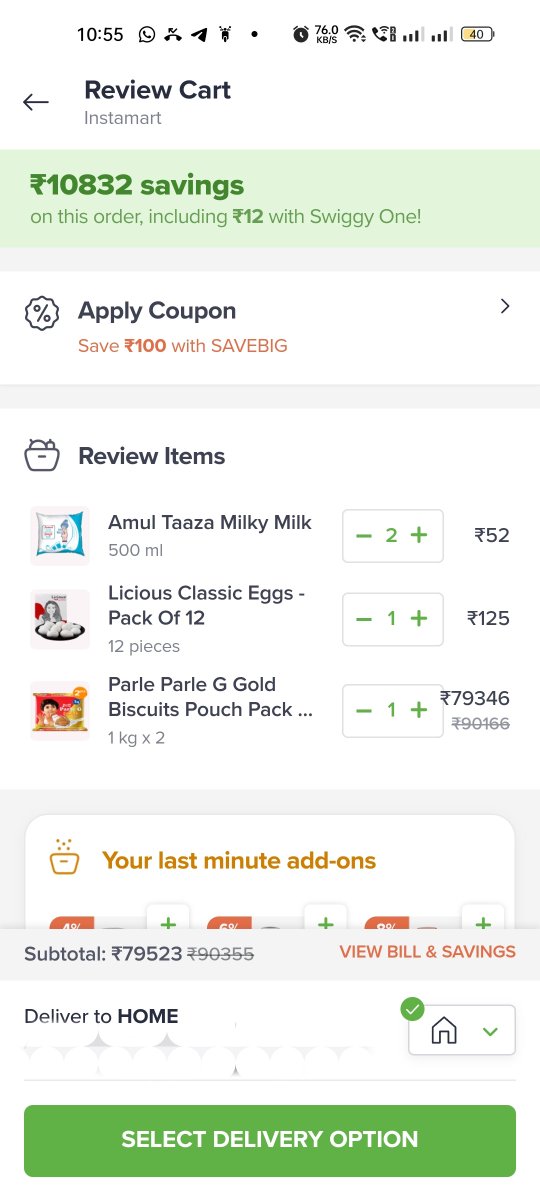 vaibhavmehra90's tweet photo. @Swiggy  so I tried ordering some @officialparleg 
 biscuits and this is how much I was being asked to pay. Do these biscuits have real gold? 😂😂

#swiggyinstamart
#ParleG https://t.co/VcySiAPHrm