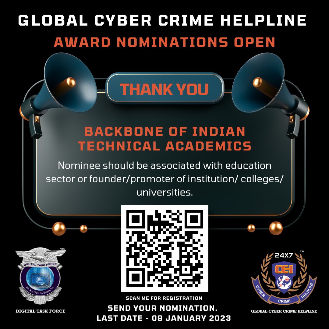 GLOBAL CYBER CRIME HELPLINE AWARD
#DTF #DigitalTaskForce #DigitalIndia #CyberCrime #CyberAwarness #IT #CyberSecurity #CyberYodha #pune #india #hacking #ethicalhacking # #cybercrimehelpline #mahacyber #mumbaipolice #maharashtrapolice #CyberSurkshaAbhiyan #CyberAwards #Awards