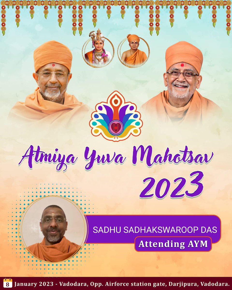 SadhakSwami's tweet photo. I am attaining #AtmiyaYuvaMahotsav2023
Do u?
Let’s participate & experience #Divinity #Spirituality #Spiritual_Love
in the #Divine presence of #HDH_Premswaroop_Swamiji
#Youths_Towards_Divinity
#AtmiyaYuvaMahotsav
#AtmiyaMahotsav
#AYM
#YDS
#YDS_Haridham
#YDSYouths
#HariPrem https://t.co/P1j5ZPMRMs