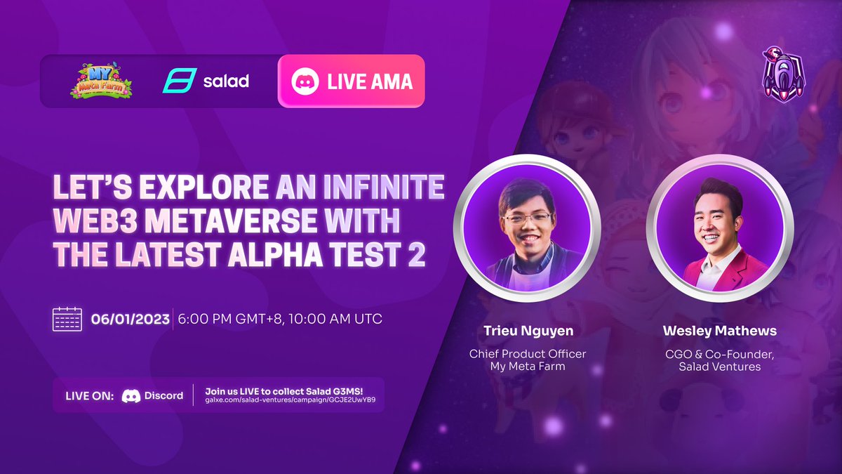 💫Salad Ventures x @mymetafarm AMA💫

Happening THIS evening, join us to find out what @mymetafarm’s latest alpha test offers 🤩

📆 6th Jan 2023
⏰ 6PM GMT+8 / 10AM UTC
👾 discord.com/invite/saladve…