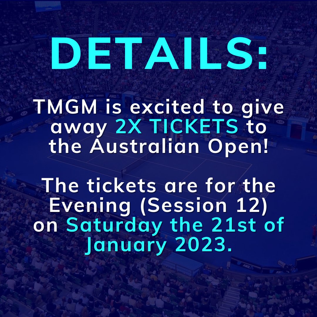TMGMgroup's tweet photo. TMGM is excited to give away 2 x FREE Tickets to the @AustralianOpen for you and a friend 🎾

To enter, just follow these easy steps:

1) Like this tweet
2) Retweet
3) Follow @tmgmgroup

4) [OPTIONAL] Tag a friend. More tags = more entries.

**Open to Australian residents only https://t.co/IqZhIhiZoh