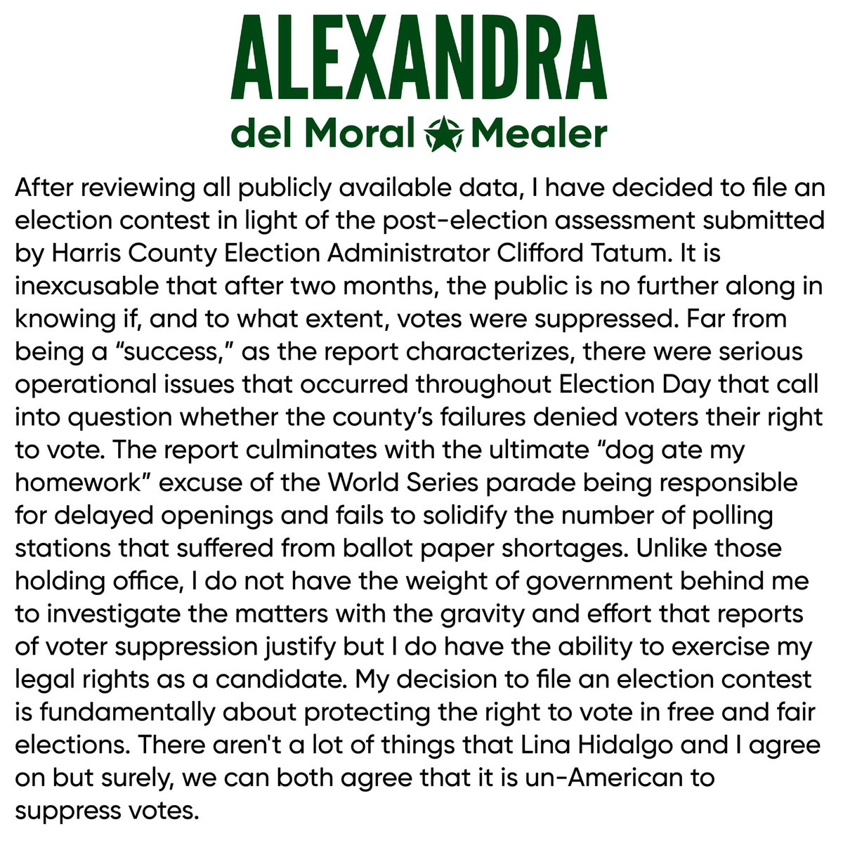 AlexMealerTX's tweet photo. After careful review and analysis of the facts available, I have decided to file an election contest. 

Every Harris County voter should be deeply concerned about voter suppression and welcome full transparency to ensure free and fair elections. https://t.co/VIwEkVpBEi