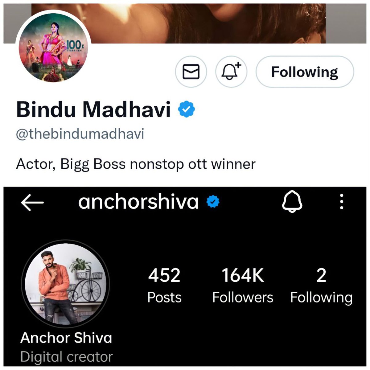 TrendsShindu's tweet photo. Both @anchor_shiva @thebindumadhavi got their account verified in Instagram and Twitter respectively, very much happy to see that blue tick beside your names ❤️
#BinduMadhavi #AnchorShiva #Shindu https://t.co/Fzg2XEuSRh