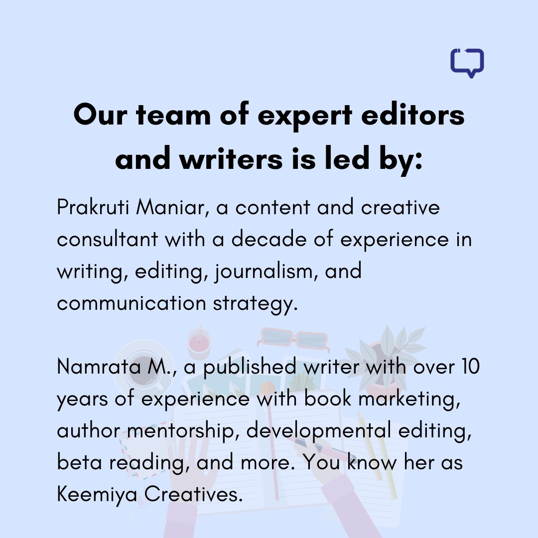 purplepenciled's tweet photo. @Keemiya_C @pramankapranam Our team of expert editors and writers is led by:
#WorkwithUs #PurplePencilProject #AuthorServices #GhostWriting #Beteareading #Editing #BookMarketing #IndianWriting @PrivyTrifles https://t.co/hyfqlqMVIX