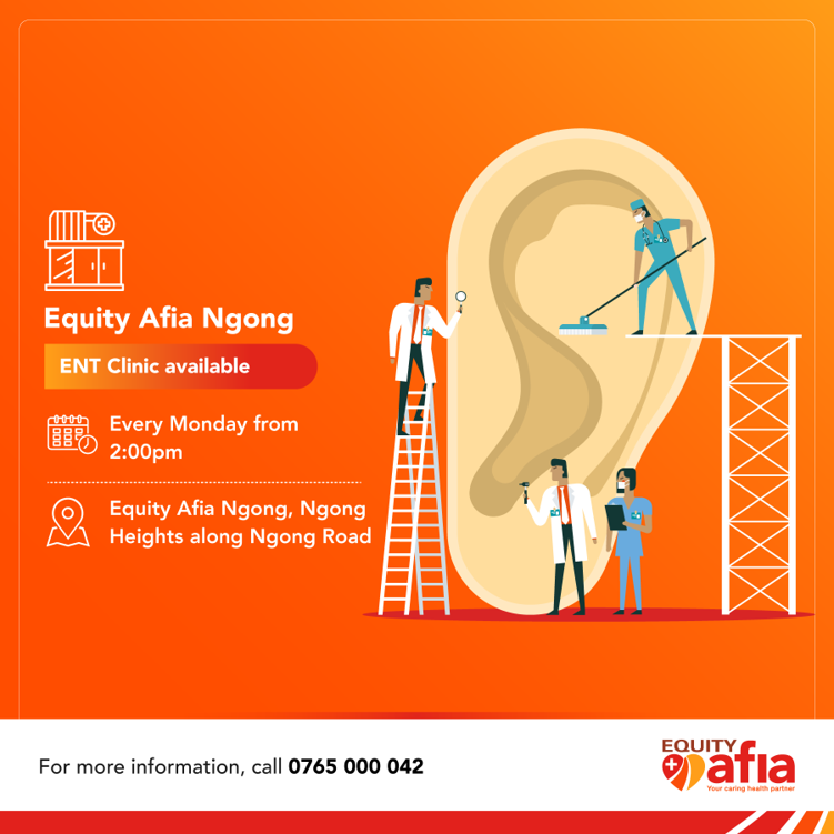 EquityAfya's tweet photo. Need to get an ENT check-up? We are here for you!
Visit us at #EquityAfia Ngong Medical Centre, every Monday from 2:00pm for the ENT Clinic.
For more information or to book an appointment, call 0765 000 042 https://t.co/pKgVXhdjJX