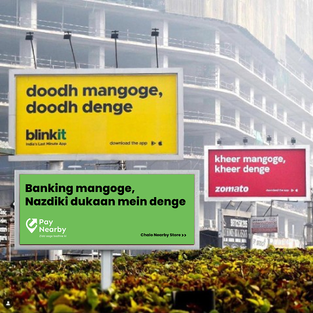 PayNearby's tweet photo. Banking seva denge, poore Bharat ko denge. Doing what we do best.
Our take on this #MomentMarketing trend @Blinkit @Zomato #ZiddAageBadhneKi
#PayNearby #Marketing #OOH #BiggerTogether #StrongerTogether #Branchlessbanking #LastMile #DistributionasaService #AssistedPayments https://t.co/wCUYHy44N0