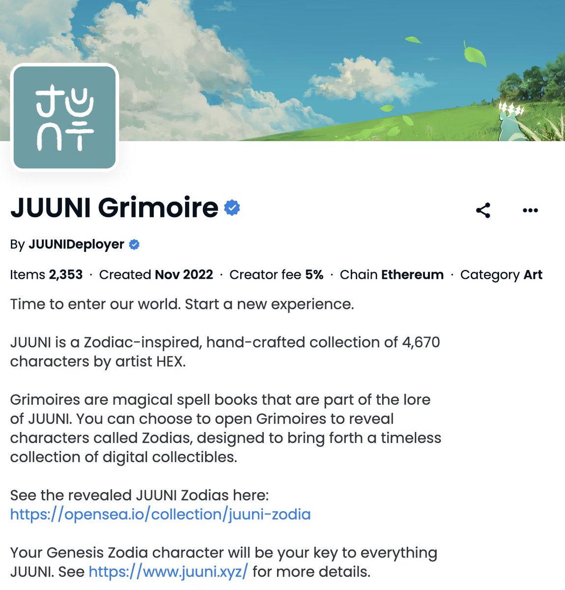 JUUNI_Official's tweet photo. Our Grimoire and Zodia Collection are now verified on OpenSea!

Official collections:
https://t.co/suNLEJJdMA
https://t.co/cQdGHuqGQY

Be aware of other fake collections and other scam accounts. Always verify. https://t.co/0BJ4FTo1Kc