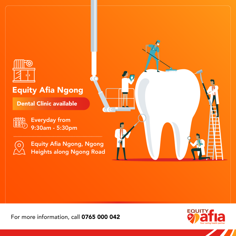 EquityAfya's tweet photo. A routine dental check-up helps prevent oral infections. Have you gotten your check-up lately?
Our dental clinic at #EquityAfia Ngong Medical Centre is available to you daily. Visit us today!
For more information or to book an appointment, call 0765 000 042 https://t.co/n6Nbq3ejza