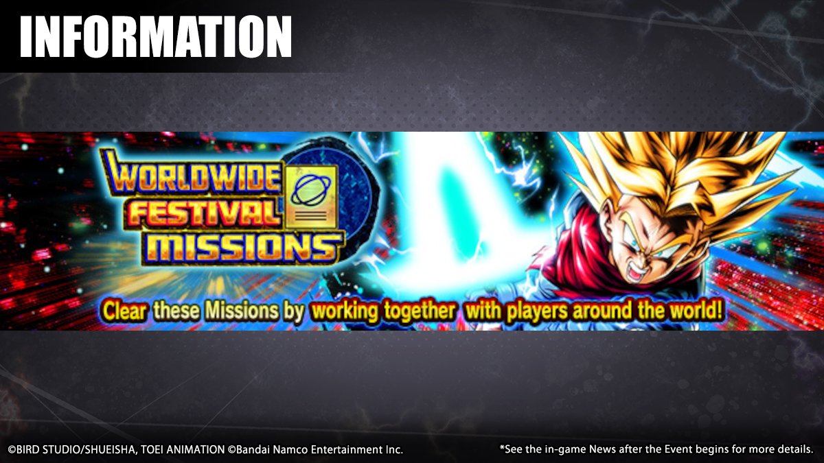 DB_Legends's tweet photo. ["Worldwide Festival Missions Part 4" Arrives!]
Progression in these Missions is shared between all players worldwide! Clear them during the Event Period to get Chrono Crystals, Slot Removers, and other incredible rewards!

#DBLegends
#LegendsFestival https://t.co/UGtXTUO4V8
