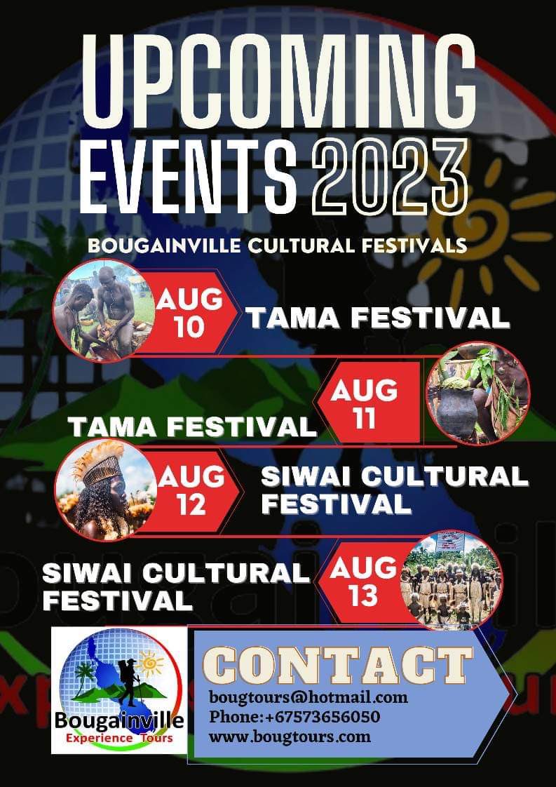 BougainvilleNew's tweet photo. Upcoming Bougainville Tourism and Cultural Events 2023 

Tama Festival in Arawa, Central Bougainville and Siwai Cultural Festival in Siwai, South Bougainville. @YesBougainville 

Book your trip with Bougainville Experience Tours

Our email : bougtours@hotmail.com https://t.co/nOGlWwywqf