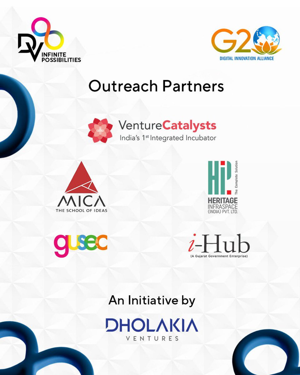 Dholakia Ventures (@dholakiaventure) on Twitter photo Create. Innovate. Declare.
The outreach of The DV8 - Infinite Possibilities - <a href="/g20org/">G20 South Africa</a> Digital Innovation Alliance for Startups has been made loud with <a href="/vcatsindia/">Venture Catalysts++</a> <a href="/MICA_Ahmedabad/">MICA</a> Heritage Infraspace India Private Limited <a href="/GUSECIndia/">GUSEC</a> I-hub Guj on board as our Outreach Partners. Create. Innovate. Declare.
The outreach of The DV8 - Infinite Possibilities - <a href="/g20org/">G20 South Africa</a> Digital Innovation Alliance for Startups has been made loud with <a href="/vcatsindia/">Venture Catalysts++</a> <a href="/MICA_Ahmedabad/">MICA</a> Heritage Infraspace India Private Limited <a href="/GUSECIndia/">GUSEC</a> I-hub Guj on board as our Outreach Partners.