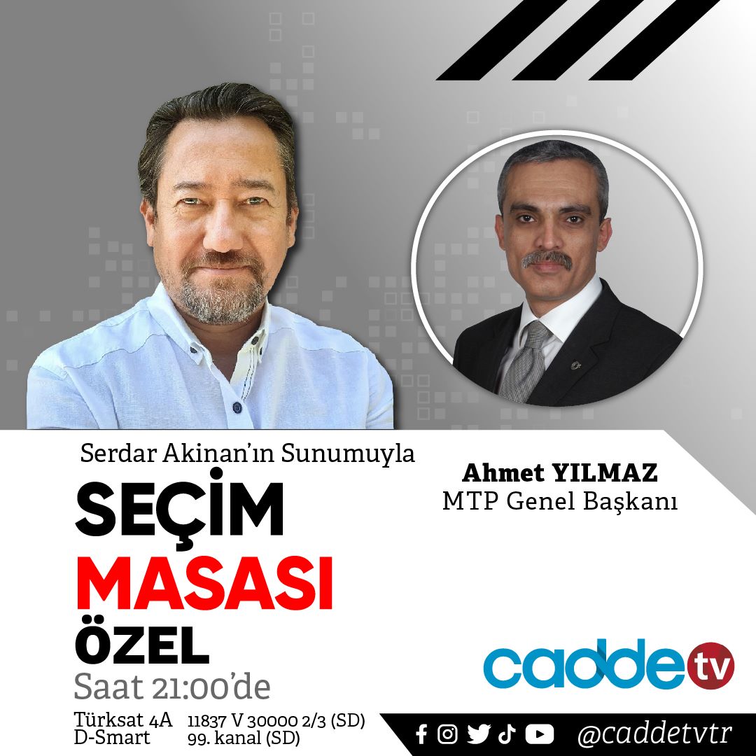 📺MTP Genel Başkanı Ahmet Yılmaz, Serdar Akinan'ın yönetiminde bu akşam saat 21'de SEÇİM MASASI ÖZEL programına konuk olacak..

<a href="/ahmetyilmazmtp/">Ahmet Yılmaz 🇹🇷</a> 
<a href="/serdarakinan/">serdar akinan</a>
<a href="/mtpgenelmerkezi/">Milliyetçi Türkiye Partisi 🇹🇷</a> 

⬇️İZLEMEK İÇİN⬇️

▶️YouTube
youtube.com/@caddetvtr
