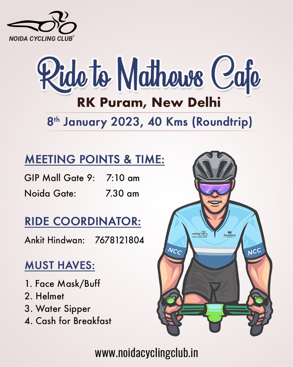 Loves to eat South Indian &amp; healthy snacks? Ride this Sunday with Noida Cycling Club to Mathews Cafe, RK Puram to discover new flavours.
Want to join NCC or its Weekend Ride?

Contact Ankit Hindwan: 7678121804