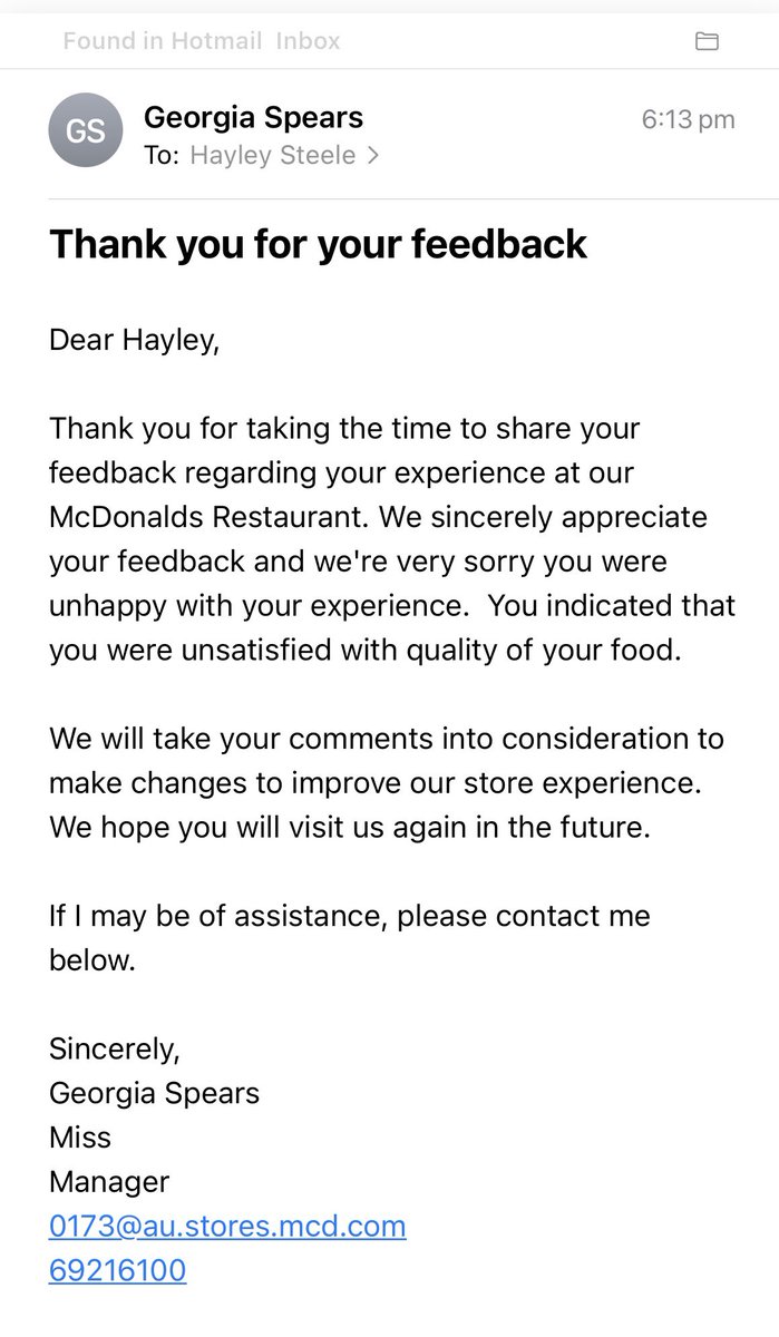 HayleyPostsIt's tweet photo. In case anyone was wondering whether @McDonalds feedback responses were personalized to yourself, your experience or you were even paid attention to… 

2 separate stores, 2 separate states, deferent dates… Same. Exact. Response. https://t.co/93pRZLtqnK