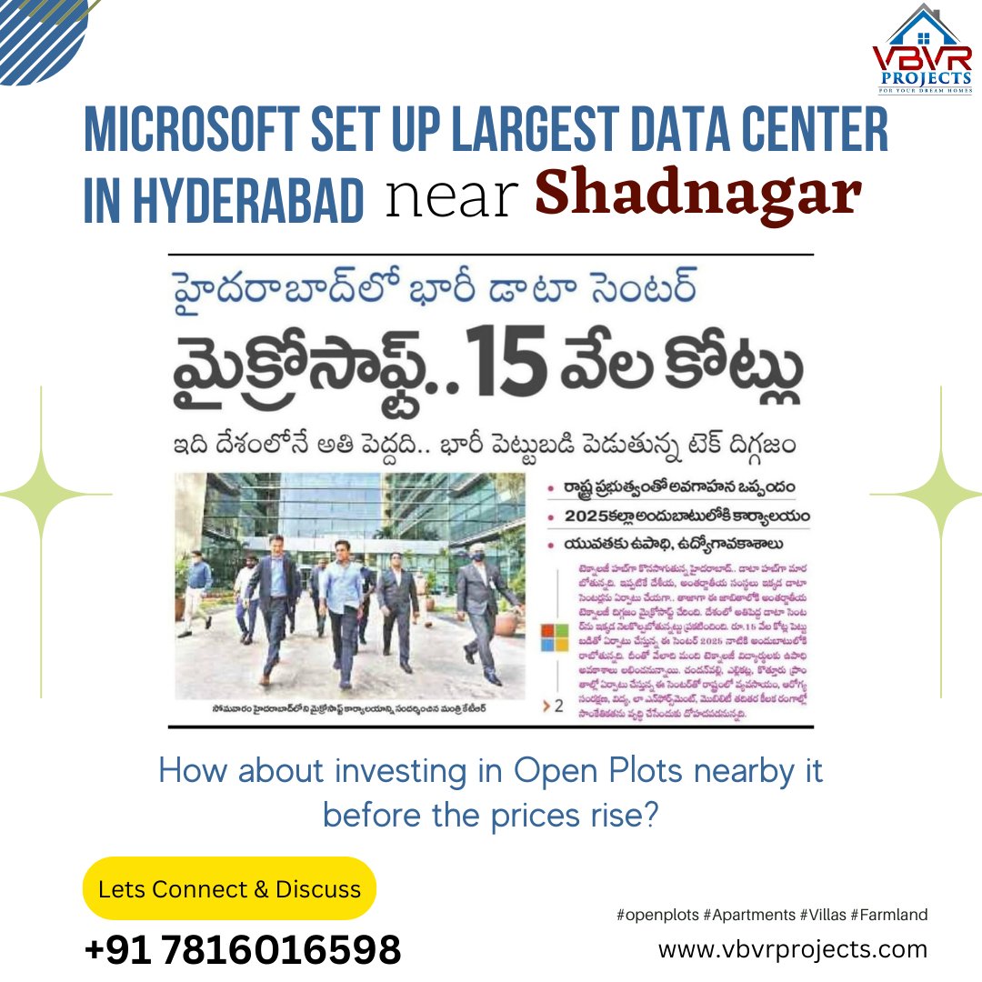 VbvrProjects's tweet image. ✨Microsoft set up the largest Data Center in Hyderabad near 👉Shadnagar✨
Call: 👉+91 7816016598
Message: wa.me/917816016598
#vbvrprojects #microsoftdatacenter #shadnagar #openplots #dtcpapproved #plotsinhyderabad #property #investment #hyderabadrealestate