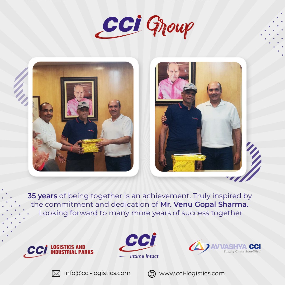 CCIgroup_'s tweet photo. 35 years of being together is an achievement. Truly inspired by the commitment and dedication of Shri. Venugopal Sharma. Looking forward to many more years of success together.
#CciLogistics #CCI #CCIGROUP #logistics #logisticscompany #logisticsmanagement #achievement #success https://t.co/wgd1Oop67H