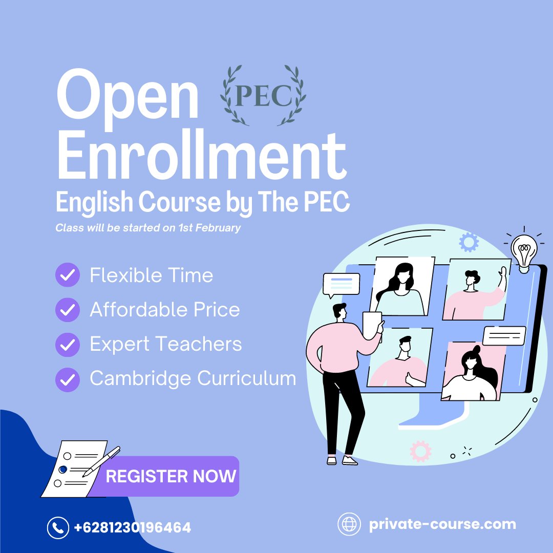 !! Attention !!
Pendaftaran kursus Bahasa Inggris by The PEC, periode Februari 2023, sudah kembali dibuka dengan kuota yang amat sangat terbatas.

Untuk kamu yang ingin makin fasih berbahasa Inggris, jangan lewatkan pendaftarannya!