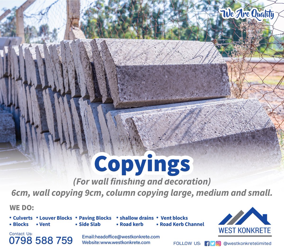 WKonkrete's tweet photo. Do your wall finishing and decoration in style. Get the best quality copings from us. Call us today on +254 798 588759 to place your orders. We do deliveries. #Blocks #Balusters #Culvets #Concrete #Cabros #FencingPosts #ShallowDrains https://t.co/8BsTrz1a16