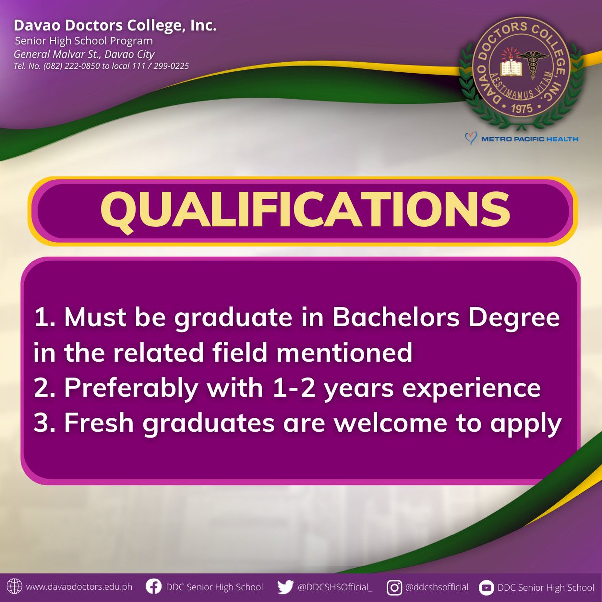 DDCSHSOfficial_'s tweet photo. ANNOUNCEMENT || NOW HIRING
WE ARE HIRING!
- (1) SHS Registrar Staff https://t.co/xSgMv4mMCl