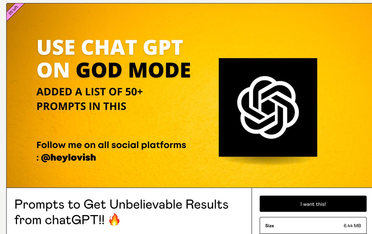 heylovish's tweet image. Launching Prompts to get Human Written content from chatGPT.

-Some Perks:

🚀 Remove chatGPT Limitations.
✅ Get List of Over 50+ Prompts.
✅ it Cost $15 but givingaway FREE coupon to next 50 people.

To get this Comment &quot;GPT&quot; &amp;amp; RT.
Make sure to follow me,so i can auto DM you.