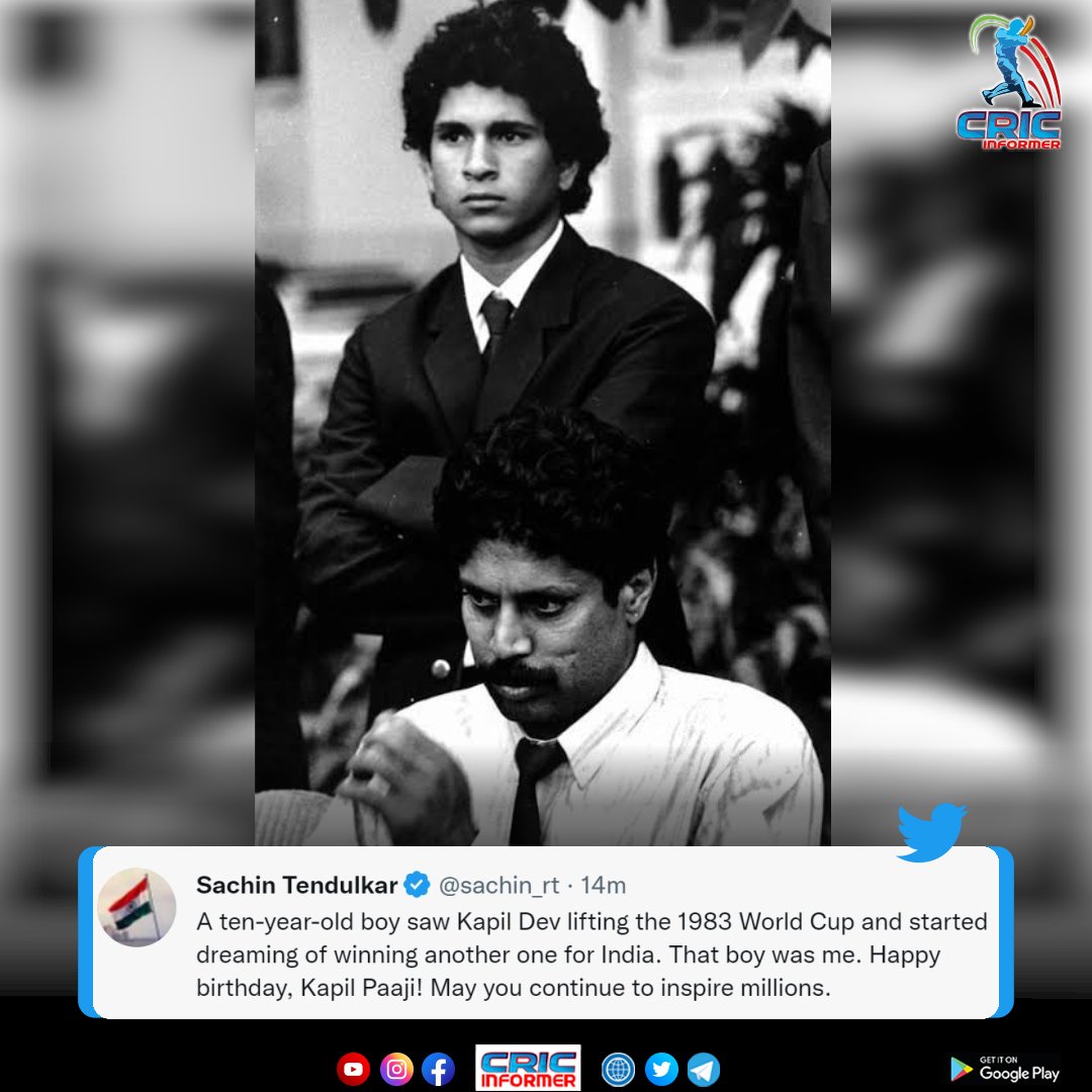 CricInformer's tweet photo. Master blaster Sachin Tendulkar wished Happy Birthday to the Legend Kapil Dev.
#KapilDev #SachinTendulkar #HappyBirthday #news #CricketTwitter #cricketnews #cricketmemes #sports #WC1983 #TeamIndia https://t.co/n3zjLnIbcG