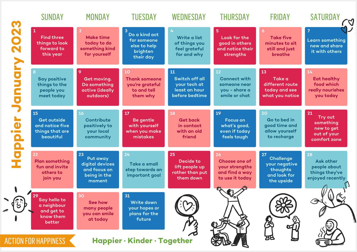 As we start a new term and new year together, please join us for #HappierJanuary @actionhappiness with daily actions to boost your wellbeing and bring happiness to others.