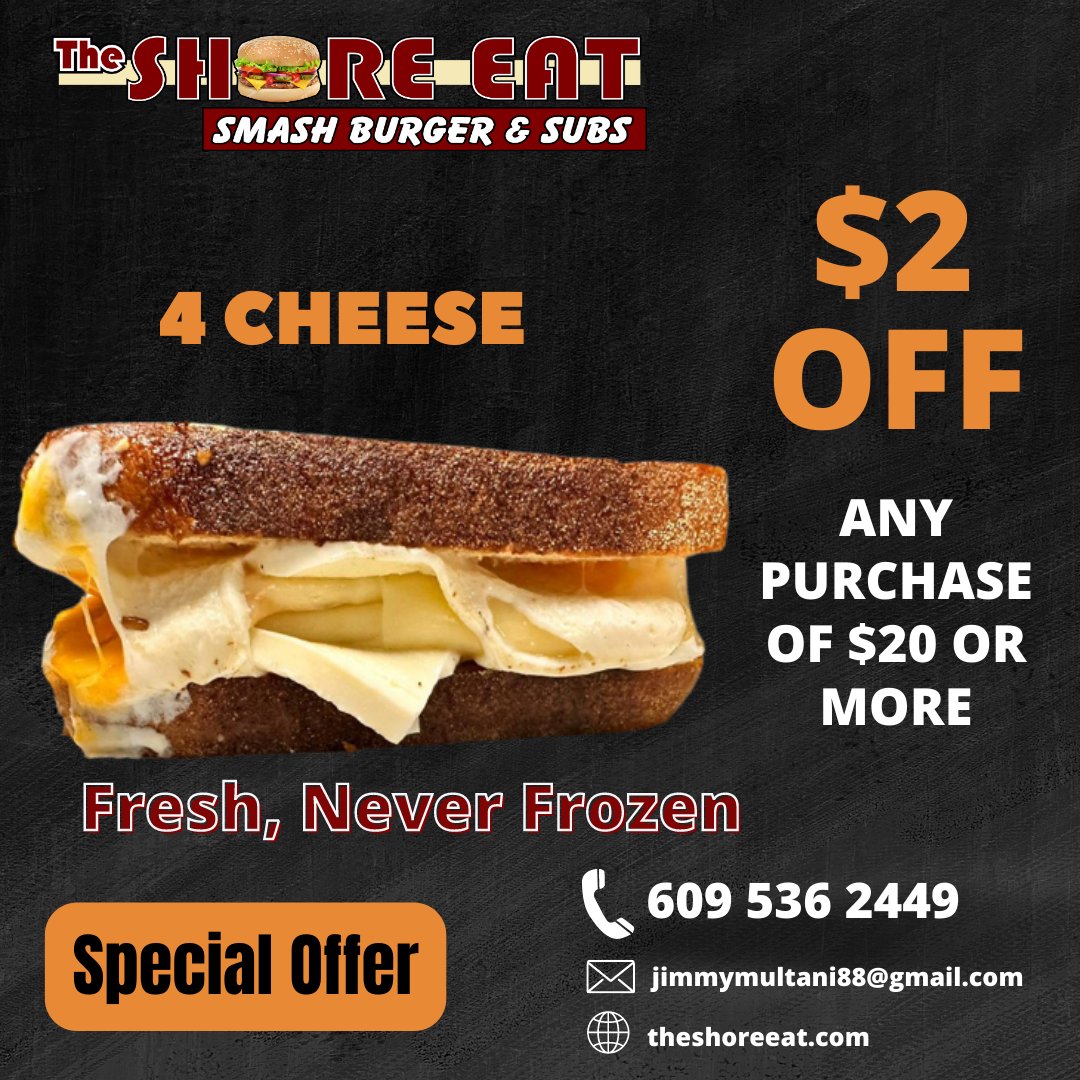 theshore_eat's tweet photo. Visit The Shore Eat for delicious,4 cheese grilled and get $2 off with any purchase of $20 or more Call Now: +1 609 536 2449
Website: https://t.co/g7c2akdW8w
Find Us: https://t.co/rAnyyKdMzf
#theshoreeat #4cheeses #filetphilly #chipotleblackbean #hotpig #BLT #baconsmash #hoagies https://t.co/Y3Rrxepk81