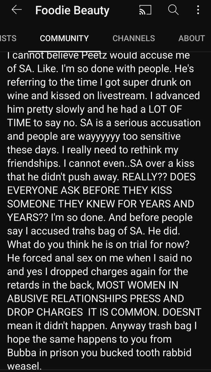 SassyPondue's tweet photo. @YouTube @TeamYouTube @YouTubeCreators please fucking explain to me why you STILL allow someone like this. Who says these things on your platform? #FoodieBeauty needs to be permanently banned from YouTube. This is a disgrace to SA victims everywhere. You are failing your people. https://t.co/eATSiIbXd5
