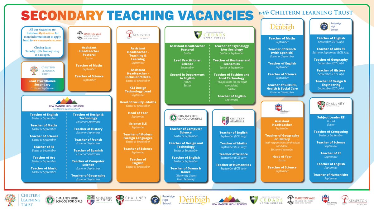 It's here! Our 2023 recruitment round is now live! Due to the growth of our Trust, we are delighted to announce our schools have lots of incredible primary and secondary teaching opportunities for 2023. RT, share &amp; apply now via <a href="/mynewterm/">MyNewTerm</a>.

We'd love for you to join our family!