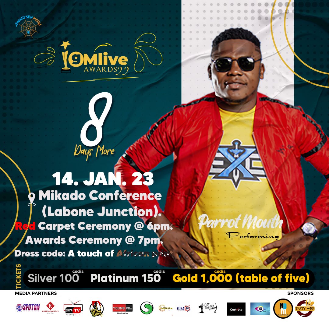 BaahMultimedia's tweet photo. 8 days to go 
Gmlive awards22
#gmlive 
#gmliveawards22 
#comedyaward 
#comedy 
#comedians 
@Nathanielquay 
@parrotmouth_ 
@parrotmouth 
@parrotmouth https://t.co/yBRX2NDGJr
