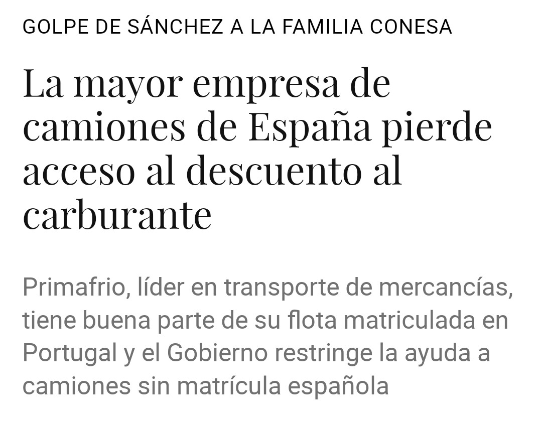 No es golpe de Sánchez a la familia Conesa 

Es golpe de Sánchez a los estafadores 

Tiene sus camiones matriculados en Portugal para pagar menos impuestos 

Pero piden las ayudas de carburante  a España