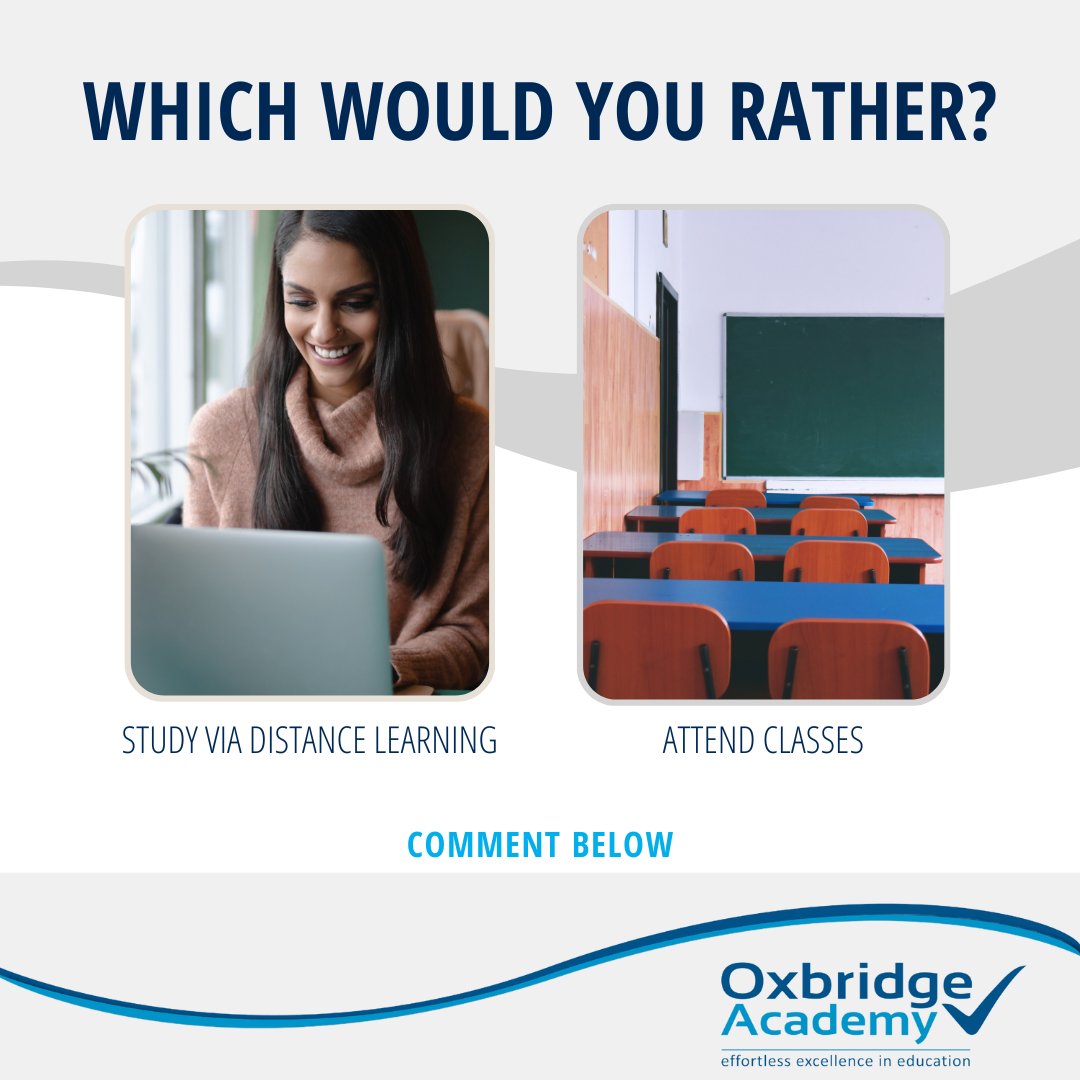 OxbridgeEdu's tweet photo. #RandomFriday:
Would you rather study via distance learning or attend classes?
#randomquestions #friday #weekend #goodmorning #mood #goodvibes #friday #vibes #tgif #weekendvibes #happyfriday #fridayfunday #wouldyourather #2023 #newyear https://t.co/1vHyPS7X56