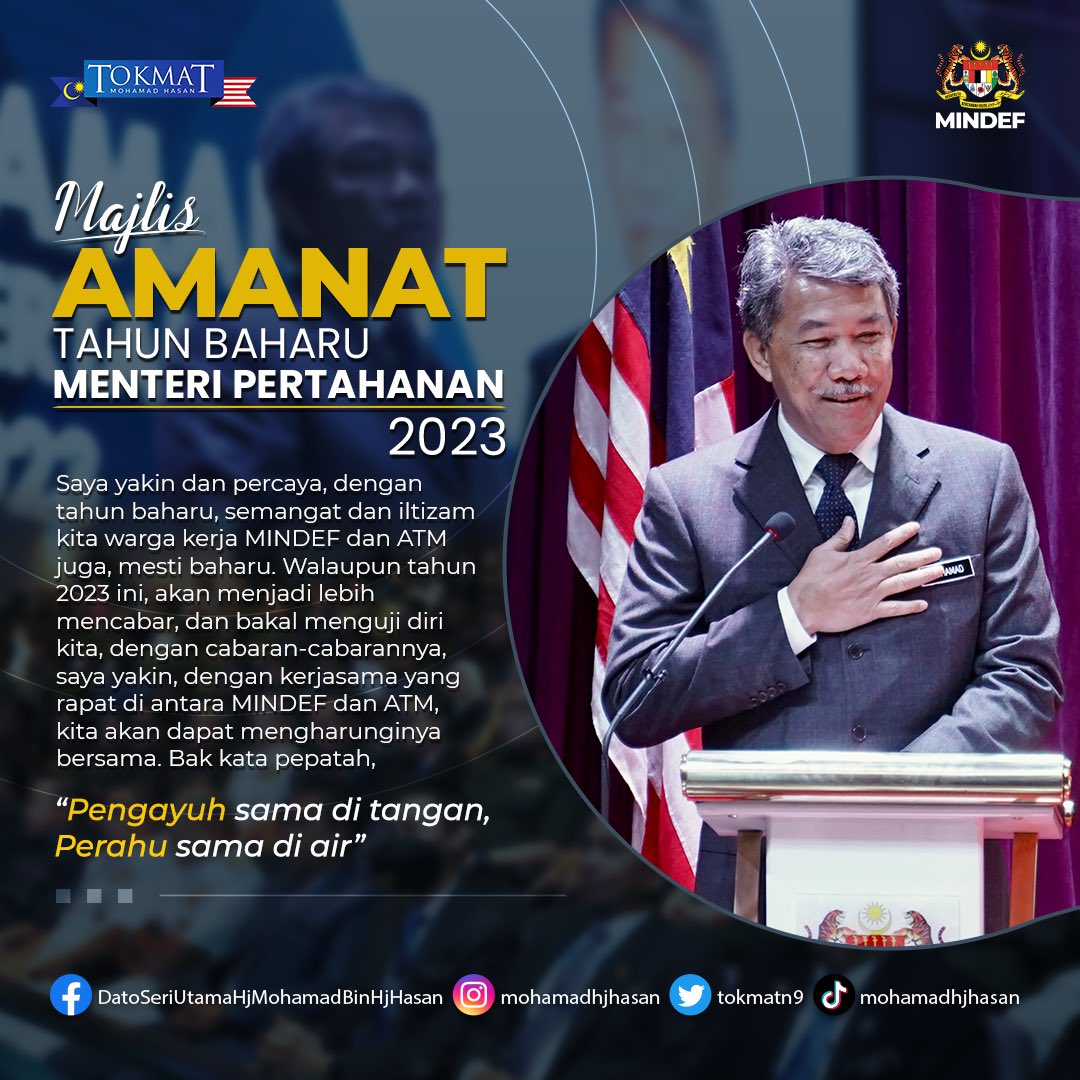 tokmatn9's tweet image. 5 Januari 2023 - Majlis Amanat Tahun Baru Menteri Pertahanan 2023 

mod.gov.my/ms/mediamenu/s…

@MINDEFMalaysia
@tudm_rasmi 
@TenteraDarat 
@MarkasATM 
@tldm_rasmi 
#MenHanUpdate
#MindefUpdate
#kesiapsiagaan