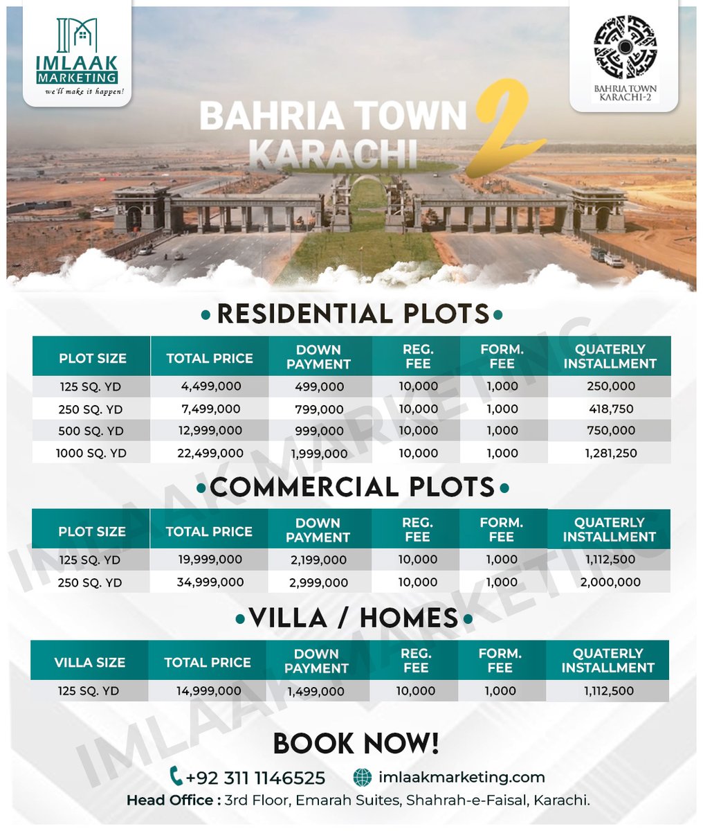 Bahria Town Karachi 2, Book Now!

• All development charges are included in the booking amount.
• SBCA & SDA NOC Approved.
• Booking Starts from Only Rs. 499,000.
• 4 Years Easy Payment Plan.

For booking & details:
Call Us: 0311 1146525

#Btk2 #BookingOpen #Pakistan