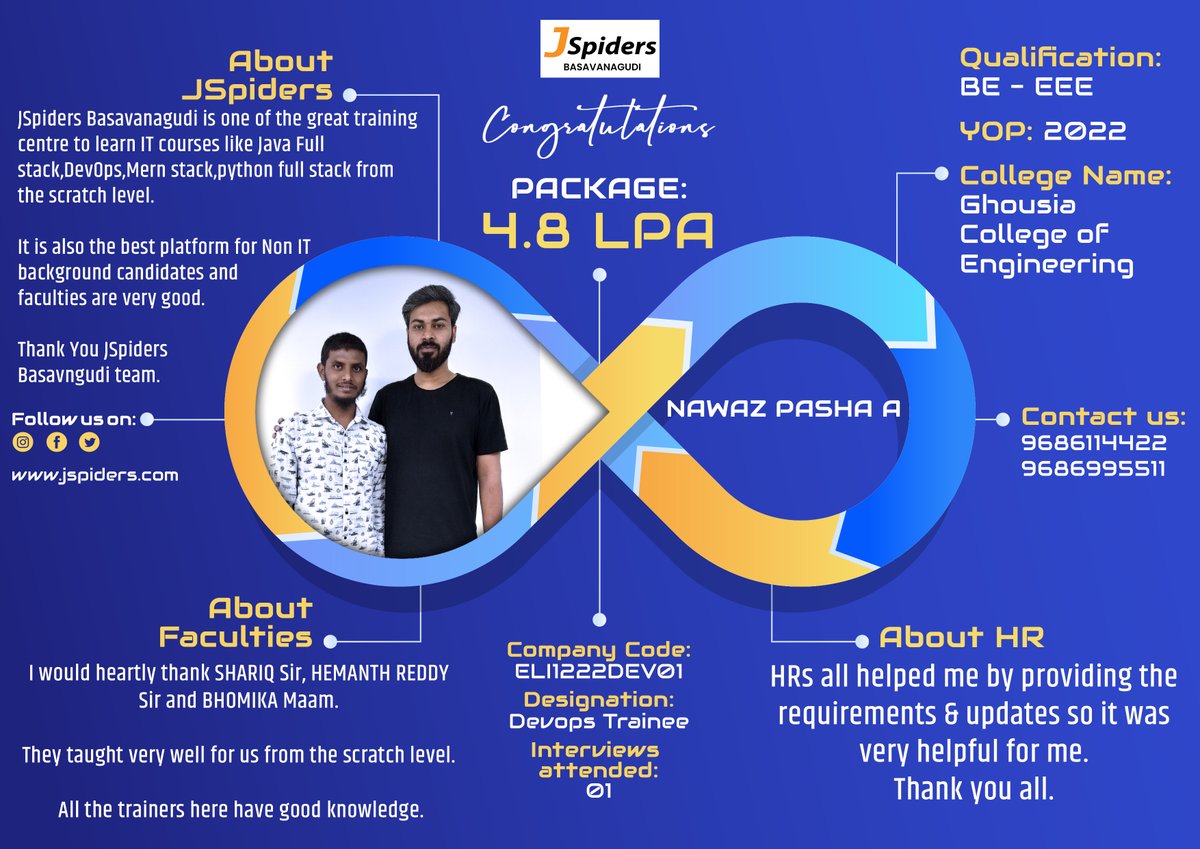 BrandingJsp's tweet image. Congratulations NAWAZ PASHA A For getting placed as DEVOPS TRAINEE 

#jspidersbasavanagudi
#placedstudents
#devopsstudents
#computerscience
#studentreview
#devopstraining
#offlinelearning
#bestcourses
#growwhileyoulearn
#trainingdevops
#qualityspecialist
#devopsengineer