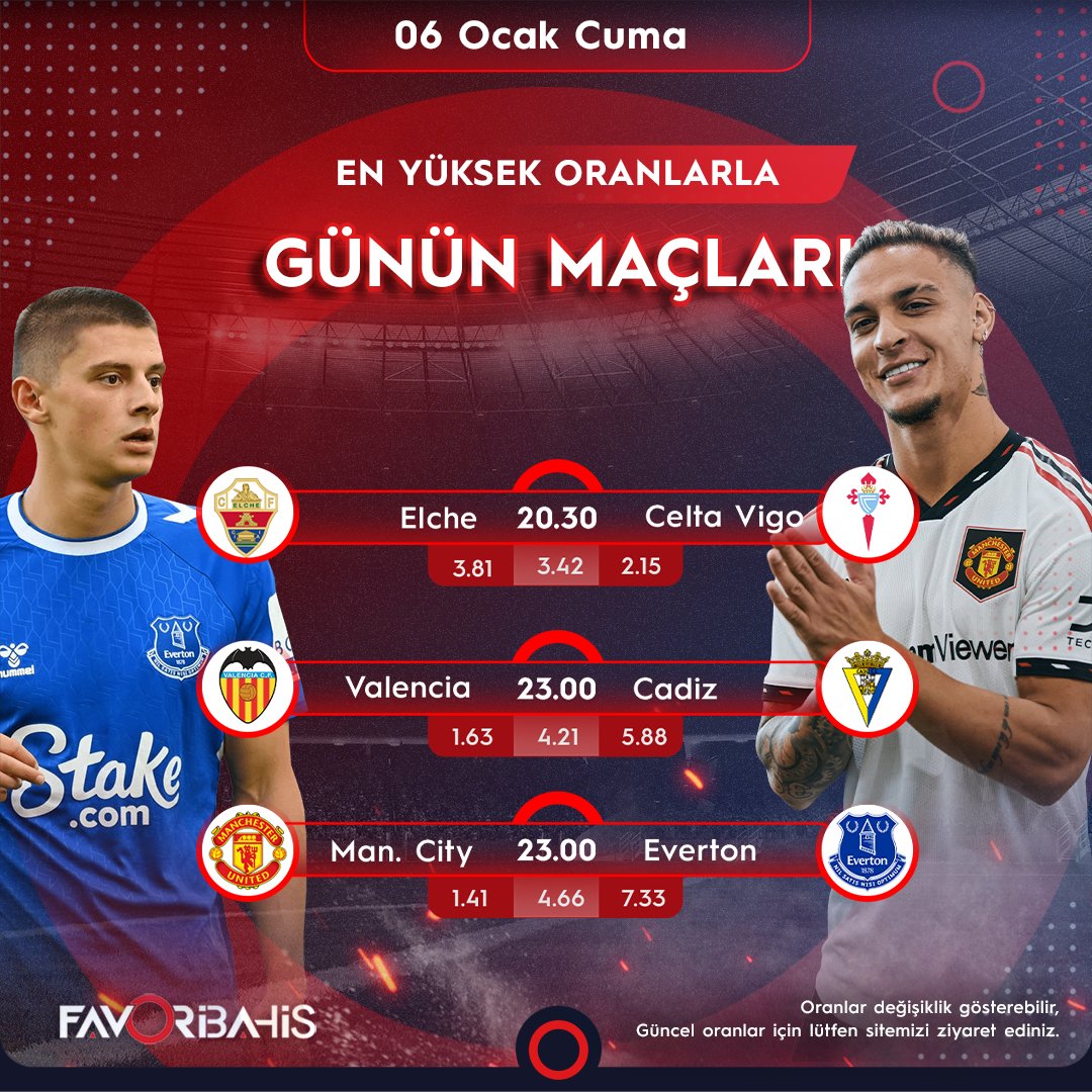 💥Günün Öne Çıkan Maçları;

⚽️ 20:30  Elche| Cella Vigo
⚽️ 23:00 Valencia | Cadiz
⚽️ 23:00  Man.City| Everton
En yeni oyunlar ve yüksek oranlı bahis seçenekleri PronetGaming farkı ile #Favoribahis'te.!

🎯 Favoriniz bir tık uzağınızda 👍
🔗 favoriguncel.com/sosyal