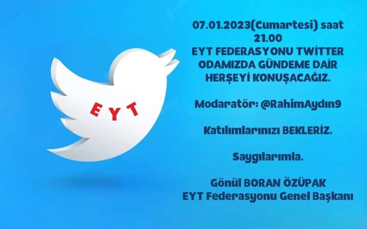 Yarın akşam 21.00 EYT Federasyonu Twitter Oda Gönül BORAN ÖZÜPAK Dernek başkanları ve il temsilcisileriyle buluşuyoruz 
<a href="/gonulborann/">Gönül Boran Özüpak</a>
#EytOcaktaEmekliOlsun