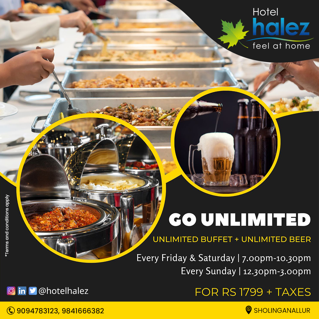 Enjoy a vibrant weekend. Unlimited Buffet with Beer at @HotelHalez. 

𝗕𝗼𝗼𝗸𝗶𝗻𝗴𝘀 𝗢𝗽𝗲𝗻: bit.ly/3UorYVQ

#hotel #hotelhalez #offer #buffetfood #beerstagram #unlimitedfood #beer #vacation #holiday #party #buffetfood #buffetlunch #buffetdinner #beerlover