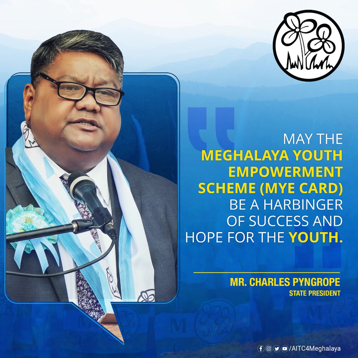 AITC4Meghalaya's tweet photo. Reaffirming our commitment to uplifting the YOUTH, State President @AITCCharles rightly stated - 

“May the #TMCMYECard be the harbinger of success and hope for the YOUTH.”

To register for our non-discriminatory scheme, visit https://t.co/0FWd9b1s7c! 

#MYECard #TMC #Meghalaya https://t.co/87BDX1Ug6y