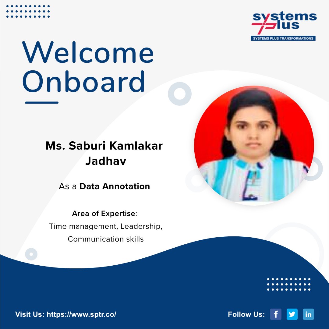 Sptr_Co's tweet photo. Congratulations Ms. Saburi Jadhav on being a part of our dynamic team!
@Sptr_Co family welcomes you and we hope to have a long and successful journey together.
Welcome aboard!
#NewJoiners #Employees #Jobs #WorkForceSPTR #TeamSPTR #SystemsPlusTransformations https://t.co/xwbB14YFfN