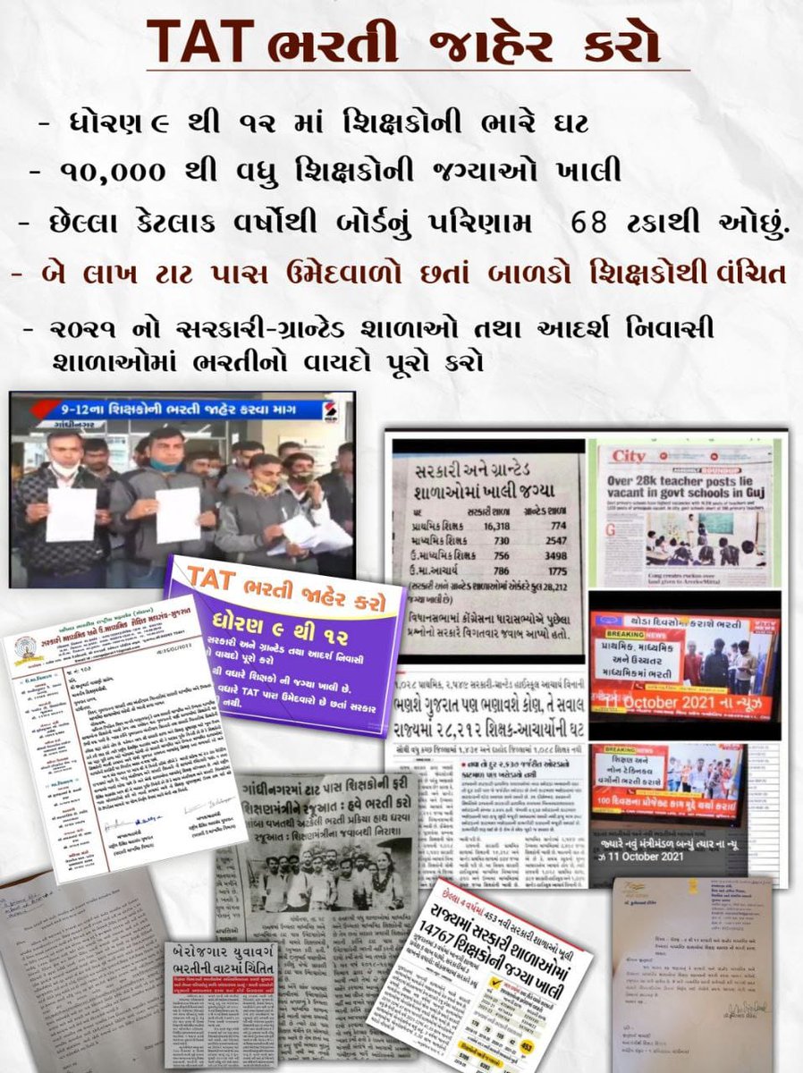 <a href="/prafulpbjp/">Praful Pansheriya</a> <a href="/CMOGuj/">CMO Gujarat</a> <a href="/Bhupendrapbjp/">Bhupendra Patel</a> @Rushikeshmla <a href="/kuberdindor/">Dr. Kuber Dindor</a> <a href="/KanuDesai180/">Kanu Desai</a> <a href="/EduMinOfGujarat/">Gujarat Education Department</a> <a href="/InfoGujarat/">Gujarat Information</a> અમે 🔴ટાટ પાસ (ધો-૯થી૧૨ શીક્ષક માટે એક લાખથી પણ વધુ ઉમેદવારો ) છેલ્લા દોઢ વર્ષથી 🔴#શિક્ષણસહાયક🔴 (ધો-૯થી૧૨)ભરતી માટે સતત રજુઆતો કરી રહ્યા છીએ.તો  આપ અમારી વેદના ને વાચા આપશો તેવી આશા
#TAT_આદર્શનિવાસી_શિક્ષક_ભરતી_જાહેર_કરો
#TAT_નવી_સરકારી_ગ્રાન્ટેડ_ભરતીનો_વાયદો_પૂર્ણ_કરો