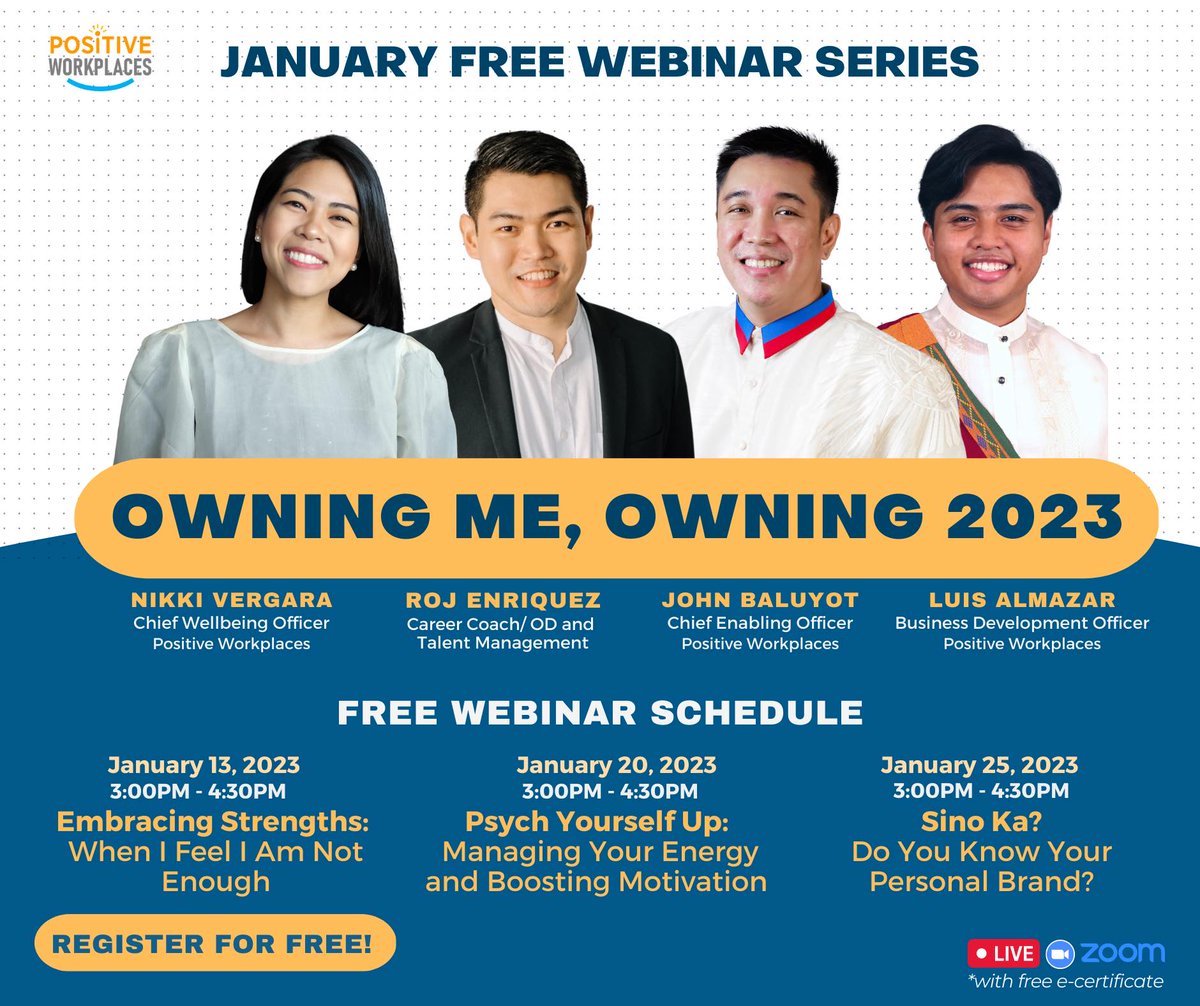 PWorkplacesPH's tweet photo. It's 2023 and we're picking up where we left off!
Once again, we are bringing back our FREE webinars and our January line up is here!
Own the new year by attending these! Register here: https://t.co/qMKrxMgBF9
#PositiveWorkplaces #FreeWebinars https://t.co/tDeb6wozR4